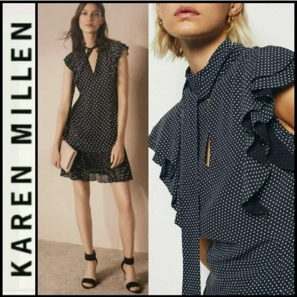 Karen Millen Black White Ruffle Keyhole Tie Neck Dress Size 6 - Picture 3 of 9